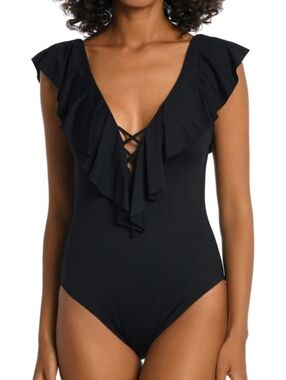 La Blanca Island Goddess Ruffle Plunge 1 Piece Swimsuit Size 14 NWOT
